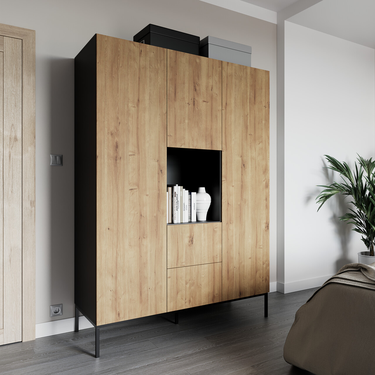 Dulap pentru haine ELTAP, Lanzzi, 135x60x200 cm, MDF laminat, negru/stejar - imagine 7